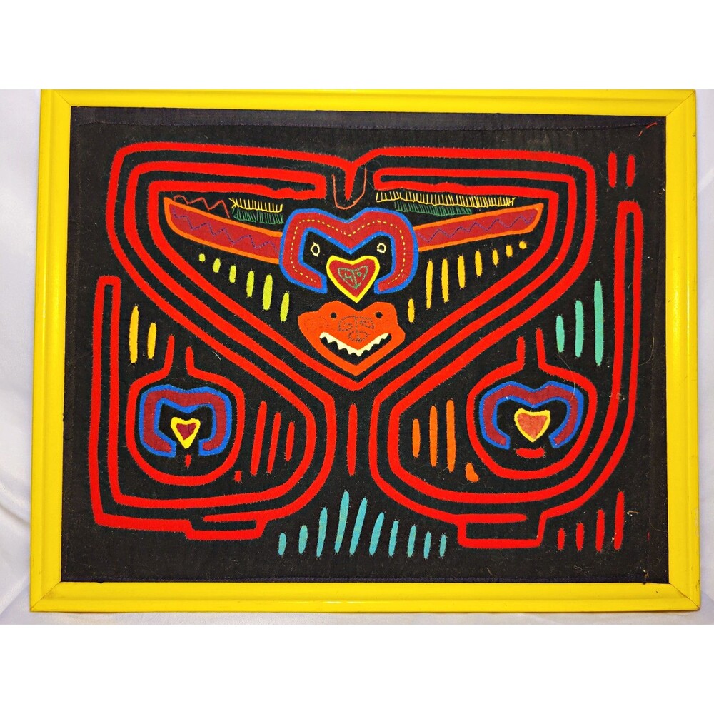 Guna Kuna Mola Framed Abstract Textile Fiber Art Tapestry Wall Art Folk Panama